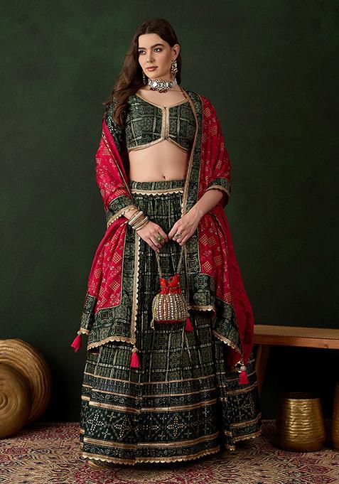Green Table Print Poly Satin Lehenga Set