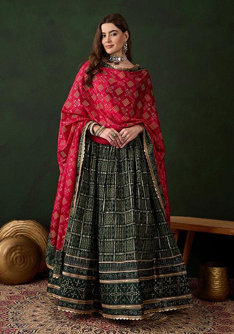 Green Table Print Poly Satin Lehenga Set