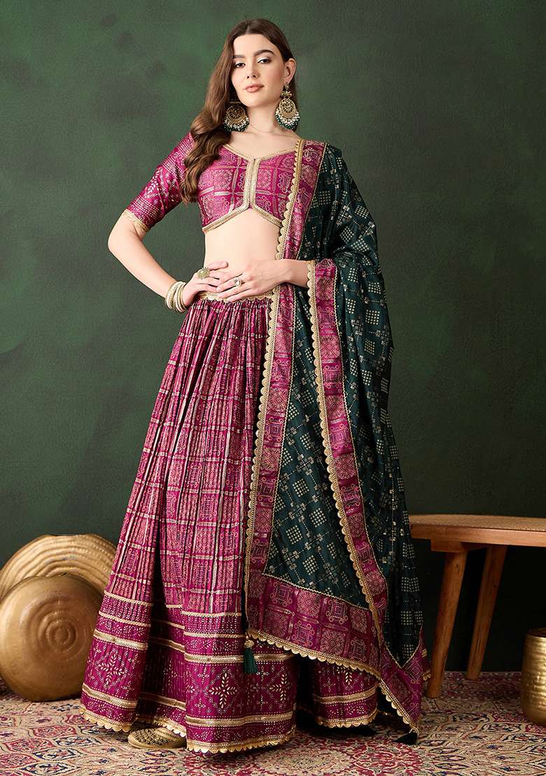Wine Table Print Poly Satin Lehenga Set for Diwali and Festive Wear - Indya