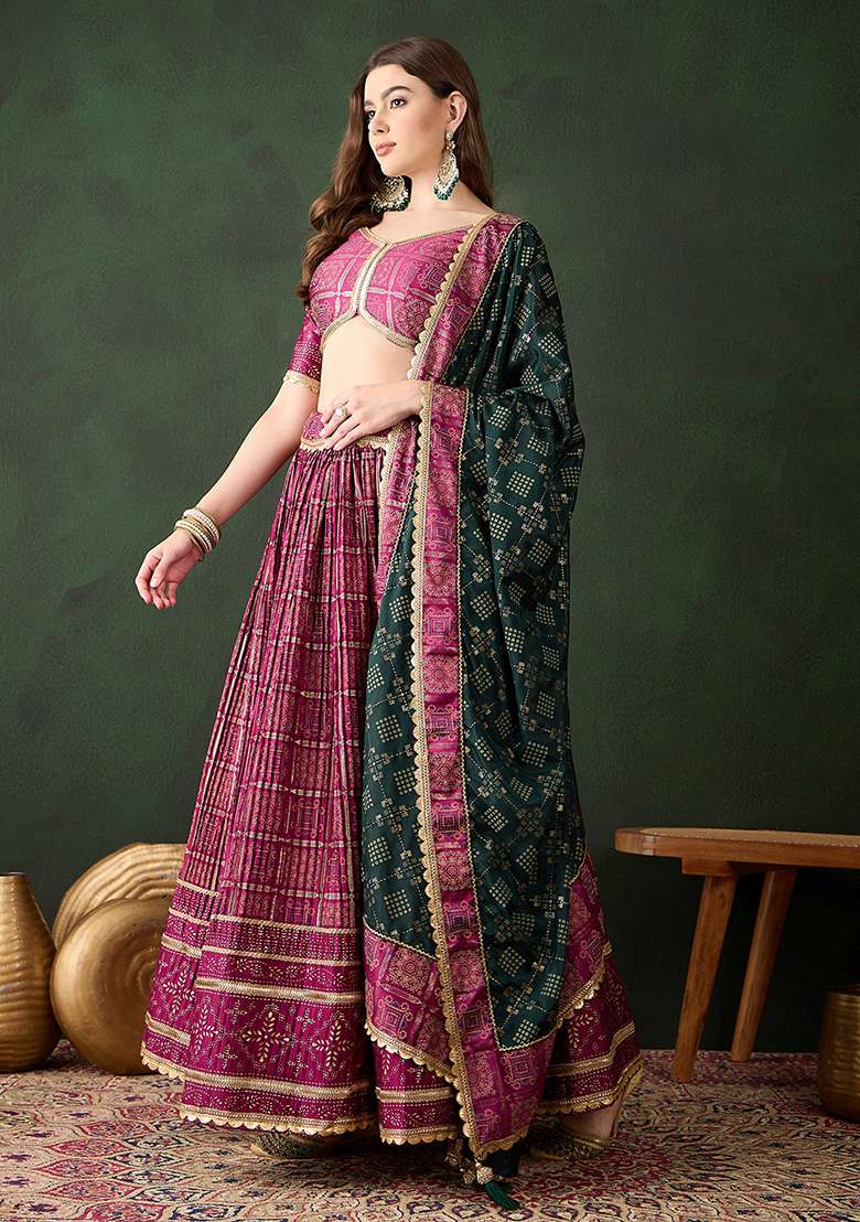Wine Table Print Poly Satin Lehenga Set for Diwali and Festive Wear - Indya