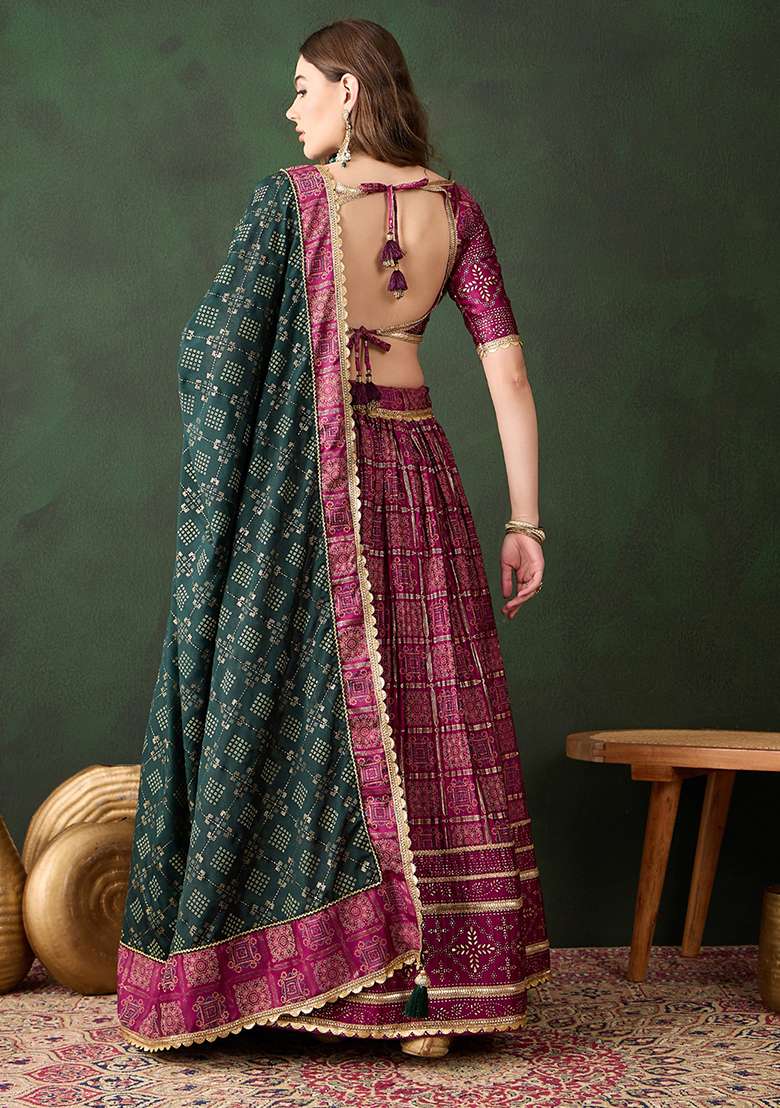 Wine Table Print Poly Satin Lehenga Set for Diwali and Festive Wear - Indya