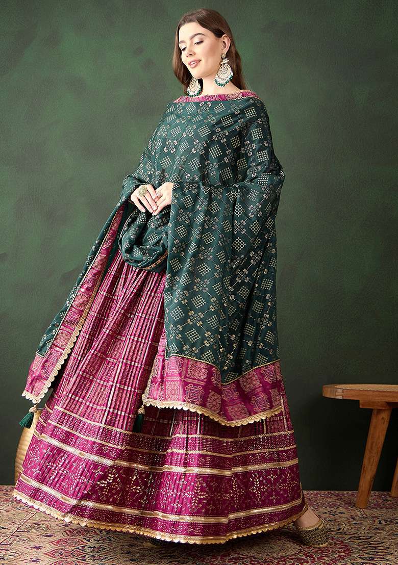 Wine Table Print Poly Satin Lehenga Set for Diwali and Festive Wear - Indya
