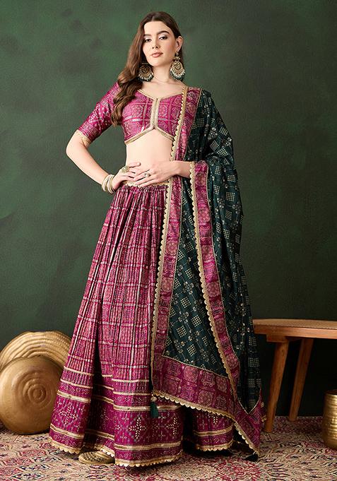 Wine Table Print Poly Satin Lehenga Set