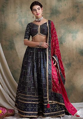 Navy Blue Table Print Poly Satin Lehenga Set