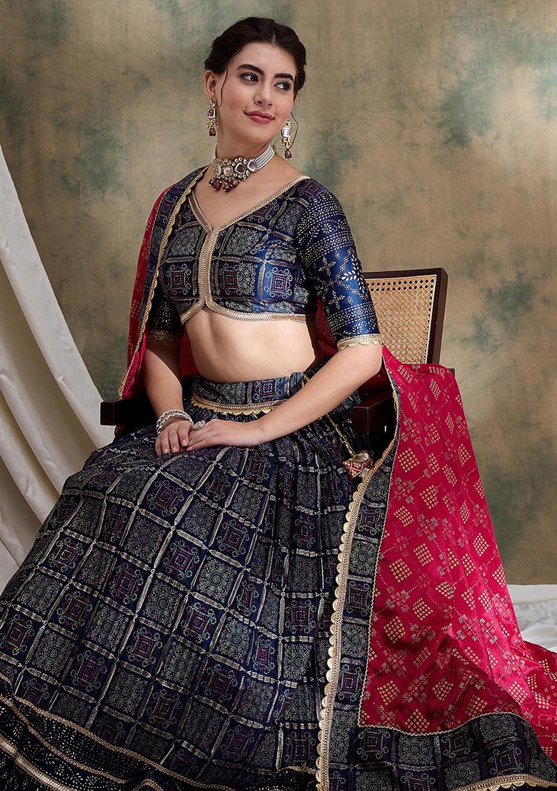 Navy Blue Table Print Poly Satin Lehenga Set - Indya