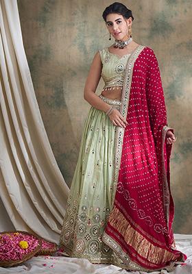 Pista Yellow Embroidered Pure Viscose Jacquard Tissue Lehenga Set
