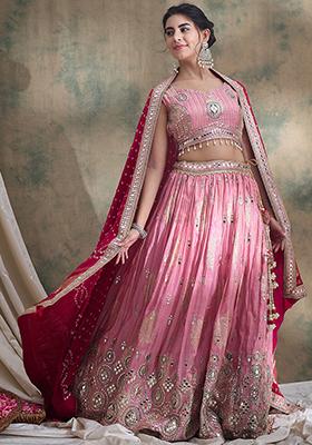 Pink Embroidered Pure Viscose Jacquard Tissue Lehenga Set