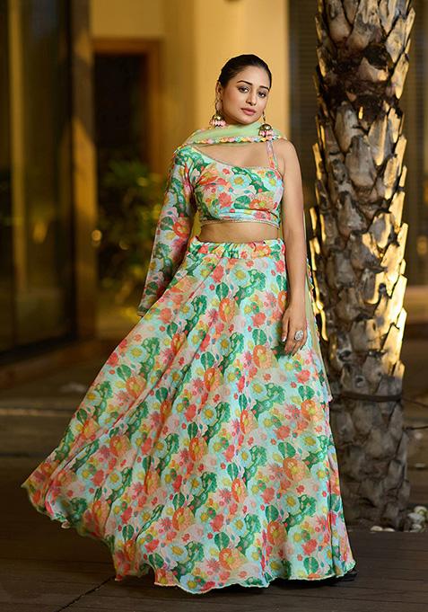 Sea Green Printed Georgette Lehenga Set