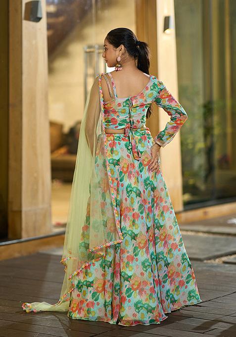 Sea Green Printed Georgette Lehenga Set