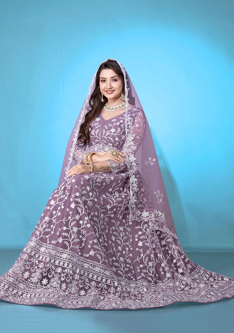 Purple Embroidered Net Lehenga Set