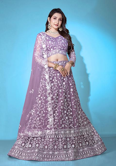 Purple Embroidered Net Lehenga Set