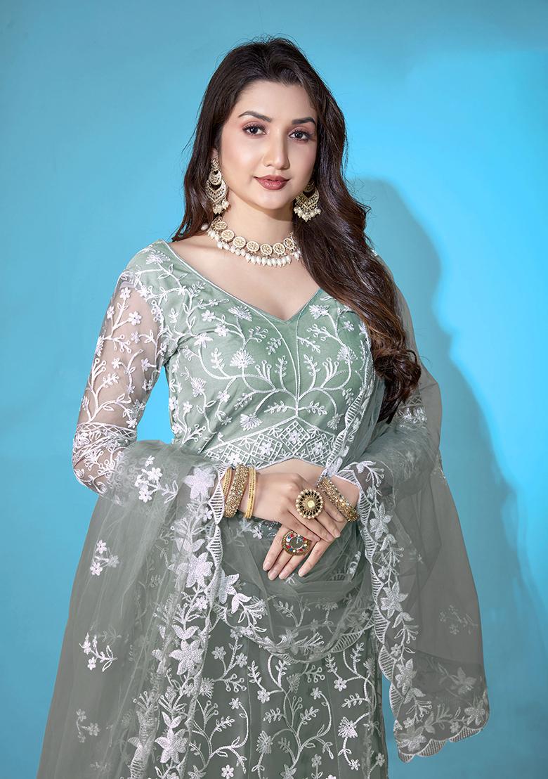 Beige Embroidered Net Lehenga Set - Indya