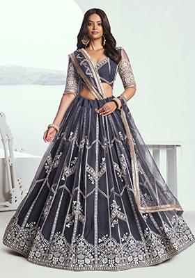 Dark Grey Embroidered Net Lehenga Set