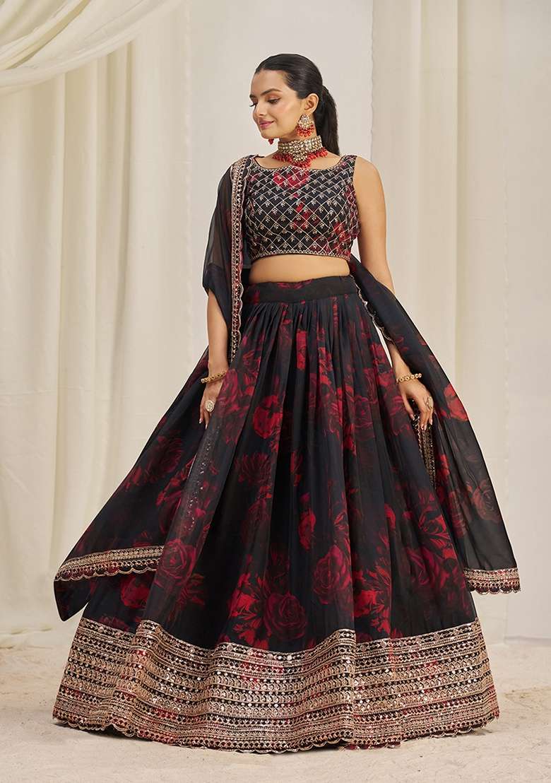 Black Zari Sequin Embroidered Organza Lehenga Set for Diwali and Festive Wear - Indya