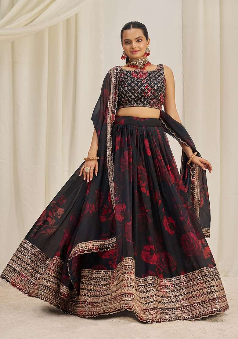 Black Zari Sequin Embroidered Organza Lehenga Set for Diwali and Festive Wear - Indya