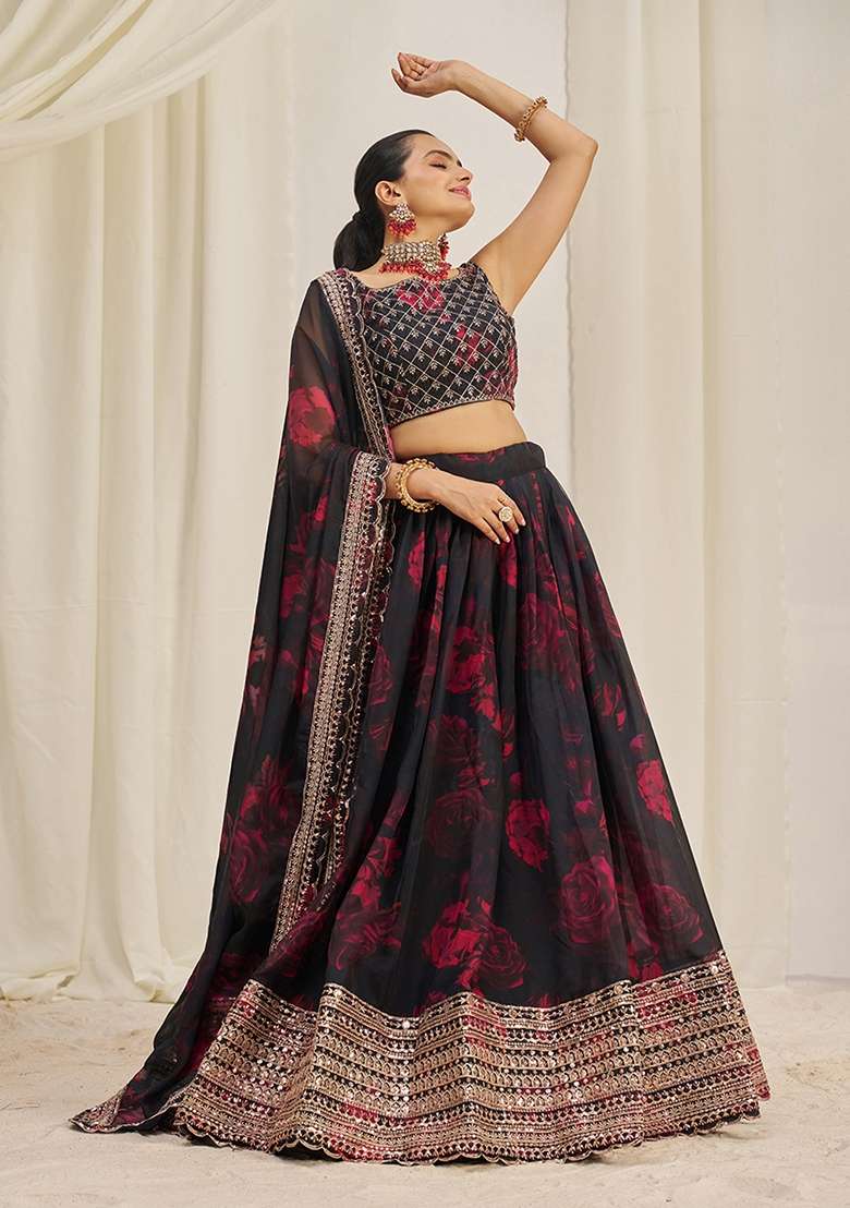 Black Zari Sequin Embroidered Organza Lehenga Set for Diwali and Festive Wear - Indya