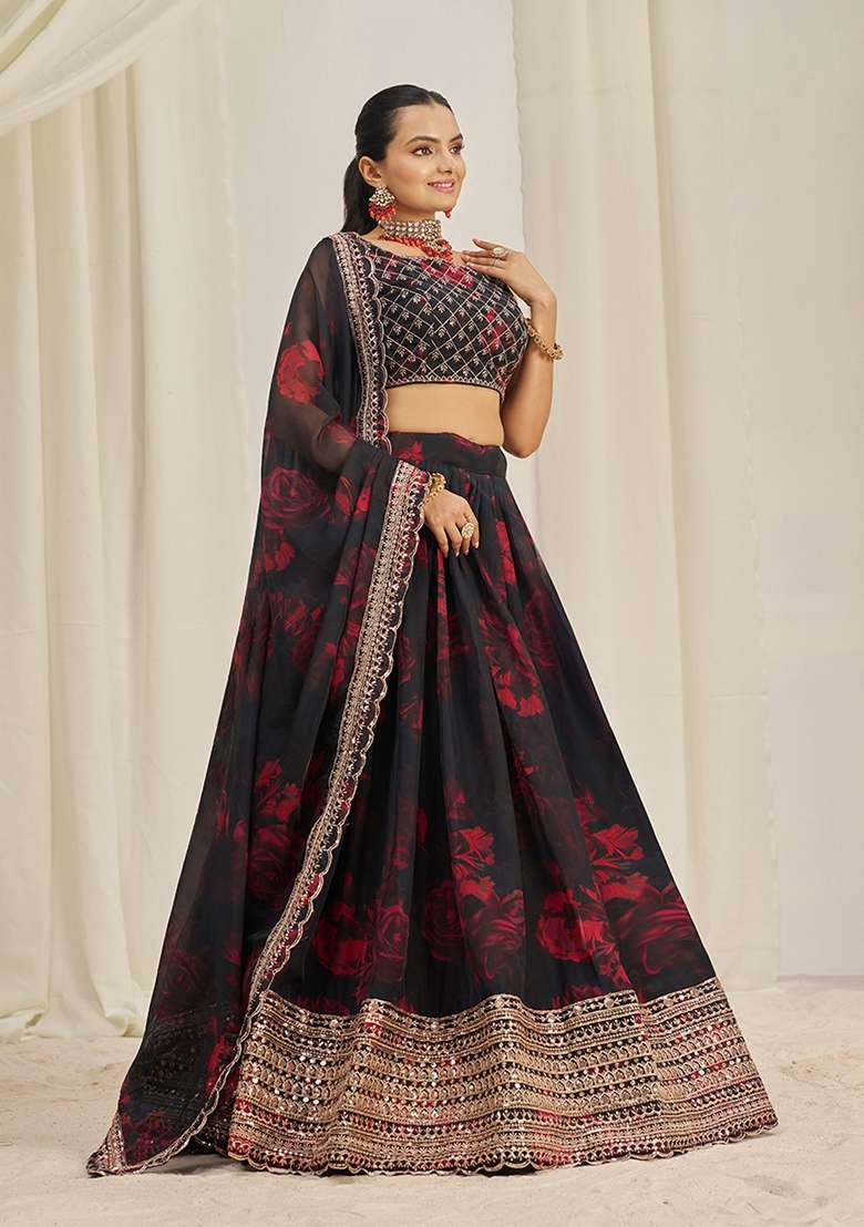 Black Zari Sequin Embroidered Organza Lehenga Set for Diwali and Festive Wear - Indya