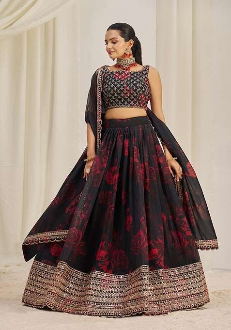 Black Zari Sequin Embroidered Organza Lehenga Set for Diwali and Festive Wear