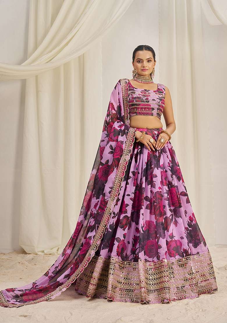 Baby Pink Zari Organza Lehenga Set with Embroidered & Sequin for Diwali | Wedding & Festive Wear - Indya