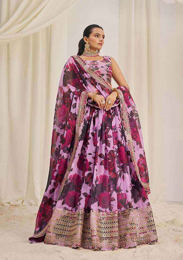 Baby Pink Zari Organza Lehenga Set with Embroidered & Sequin for Diwali | Wedding & Festive Wear - Indya
