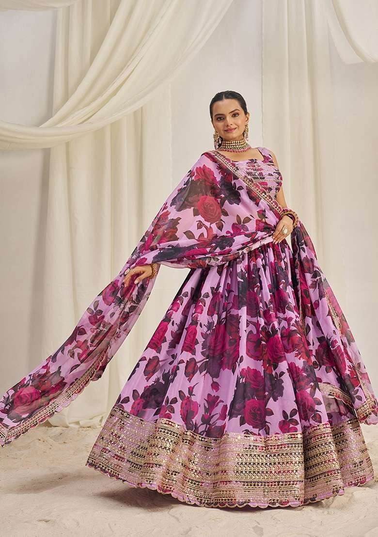 Baby Pink Zari Organza Lehenga Set with Embroidered & Sequin for Diwali | Wedding & Festive Wear - Indya