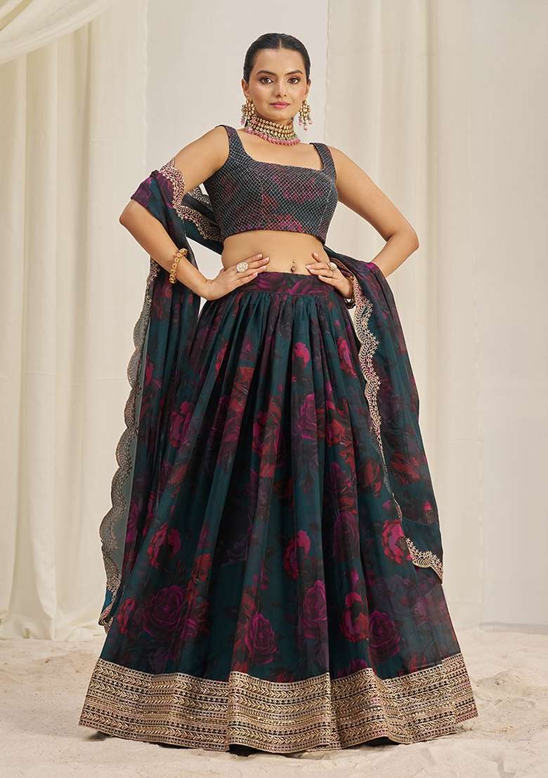 Teal Blue Zari Sequin Embroidered Organza Lehenga Set for Diwali and Festive Wear - Indya