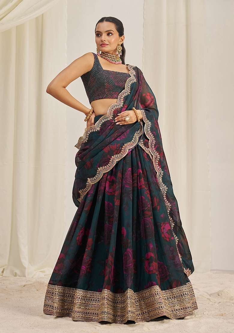 Teal Blue Zari Sequin Embroidered Organza Lehenga Set for Diwali and Festive Wear - Indya