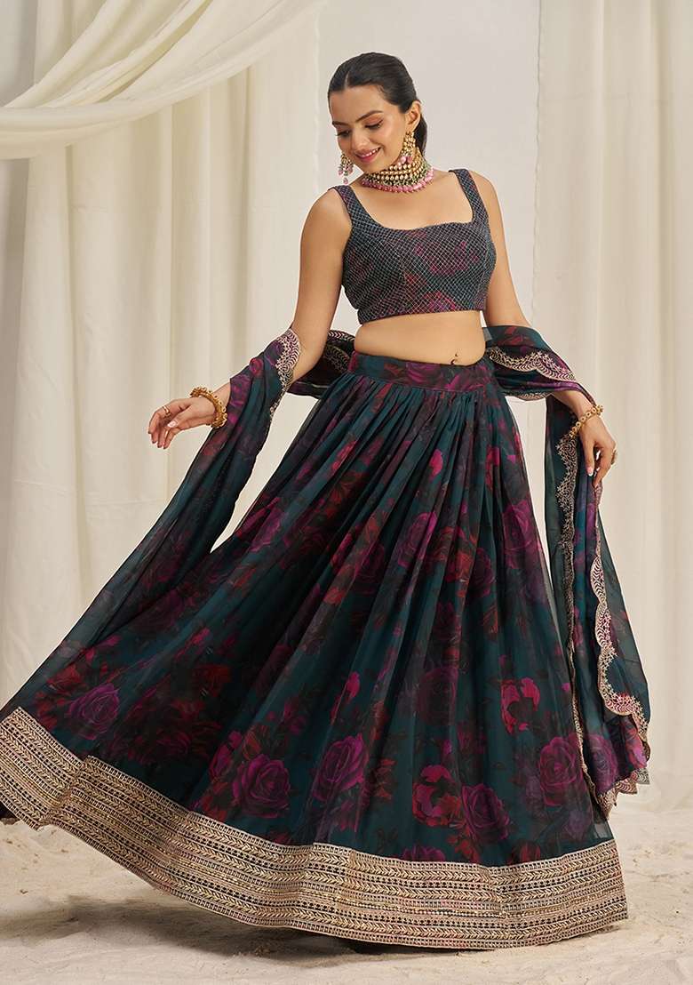 Teal Blue Zari Sequin Embroidered Organza Lehenga Set for Diwali and Festive Wear - Indya