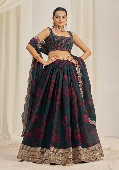 Teal Blue Zari Sequin Embroidered Organza Lehenga Set