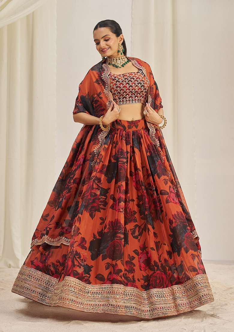 Orange Zari Sequin Embroidered Organza Lehenga Set for Diwali and Festive Wear - Indya