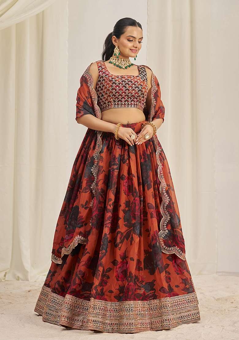 Orange Zari Sequin Embroidered Organza Lehenga Set for Diwali and Festive Wear - Indya