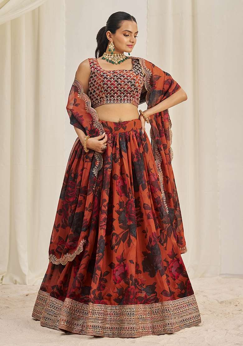 Orange Zari Sequin Embroidered Organza Lehenga Set for Diwali and Festive Wear - Indya