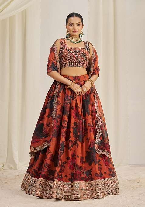 Orange Zari Sequin Embroidered Organza Lehenga Set for Diwali and Festive Wear