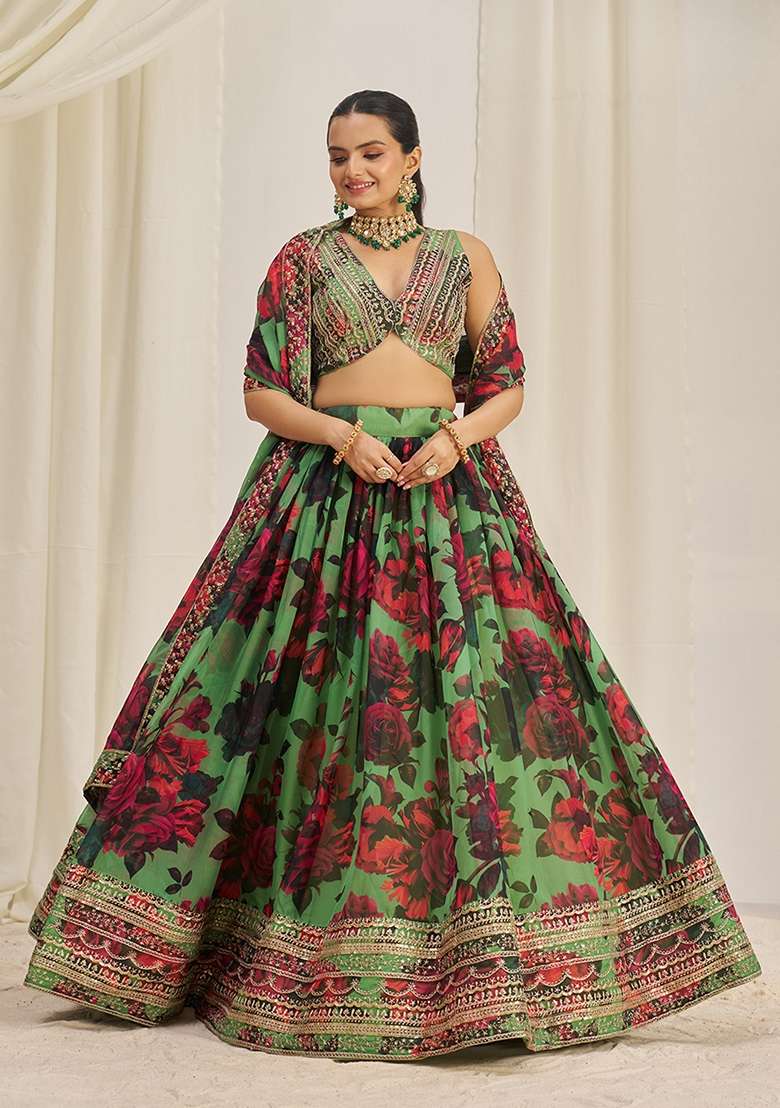 Parrot Green Zari Organza Lehenga Set with Embroidered & Sequin for Diwali | Wedding & Festive Wear - Indya