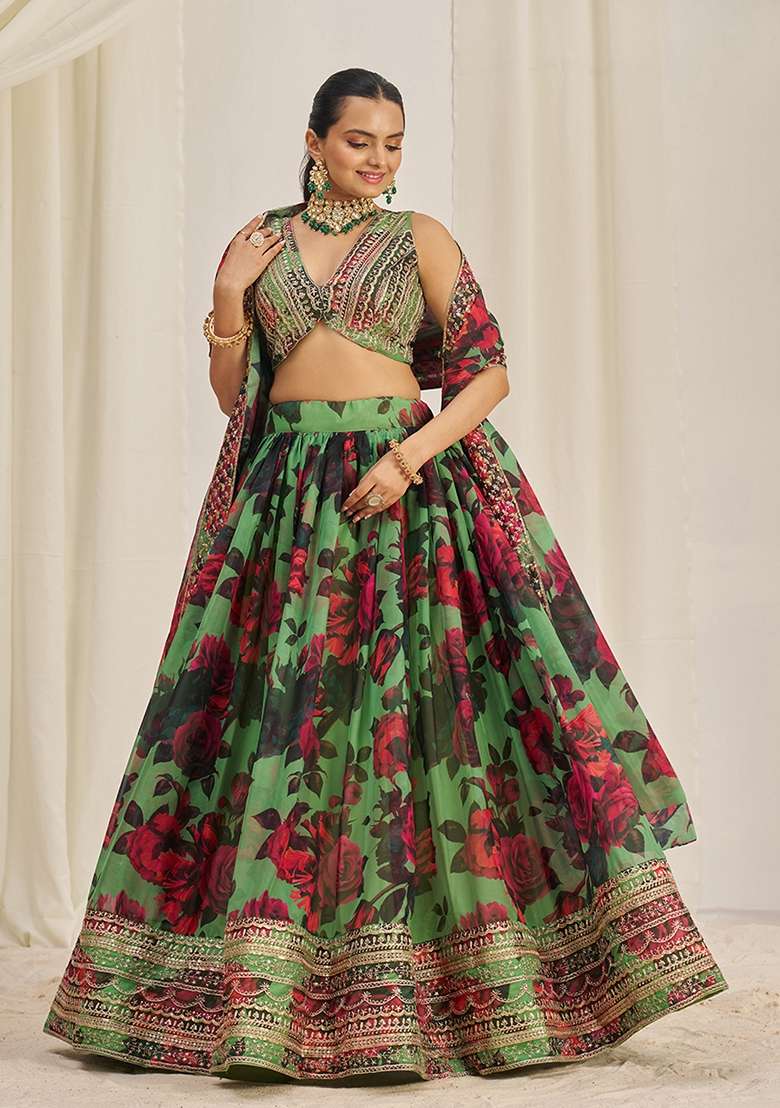 Parrot Green Zari Organza Lehenga Set with Embroidered & Sequin for Diwali | Wedding & Festive Wear - Indya