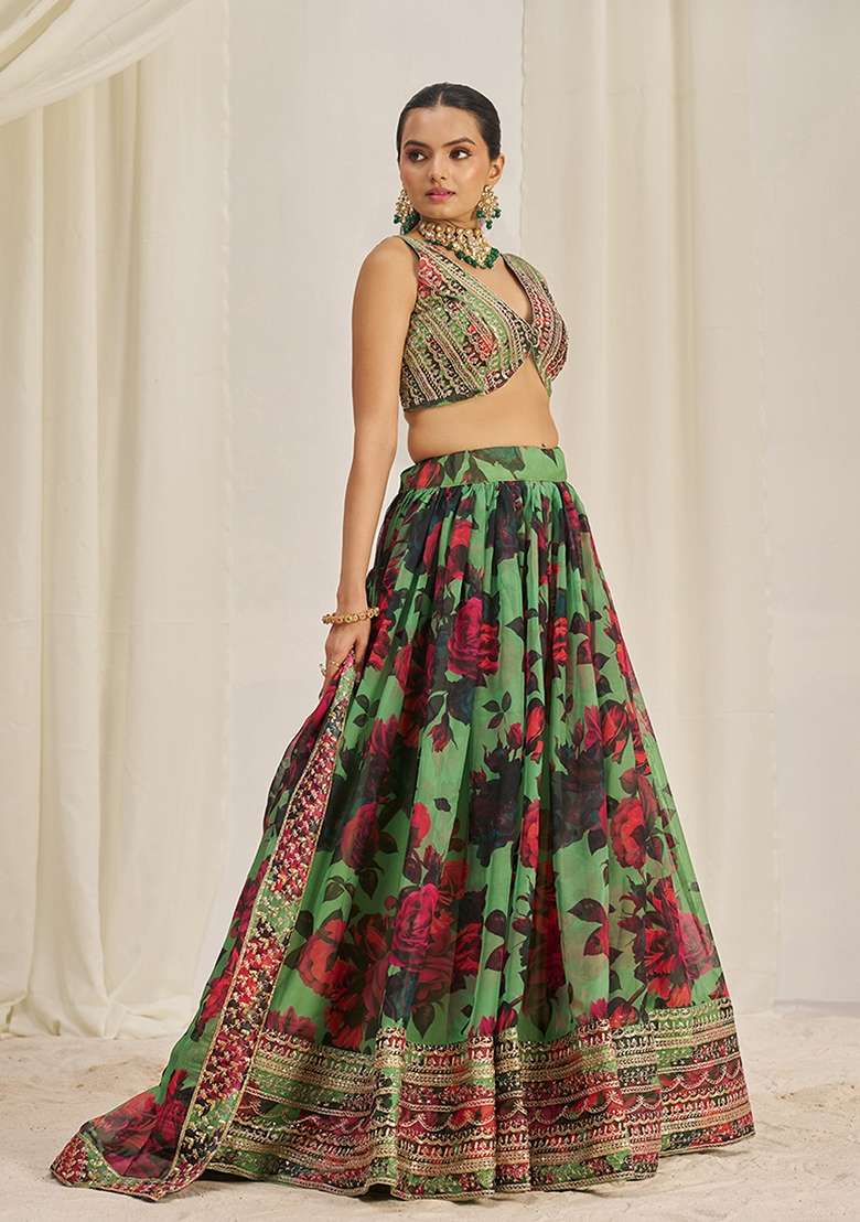 Parrot Green Zari Organza Lehenga Set with Embroidered & Sequin for Diwali | Wedding & Festive Wear - Indya