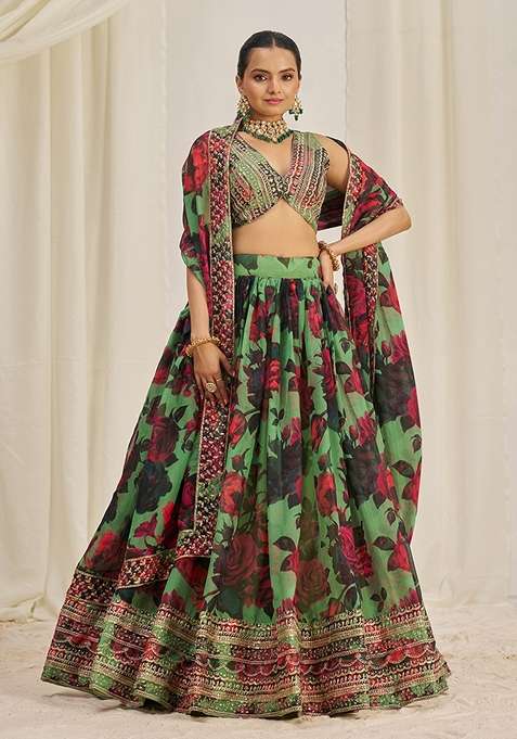 Parrot Green Zari Organza Lehenga Set with Embroidered & Sequin for Diwali | Wedding & Festive Wear