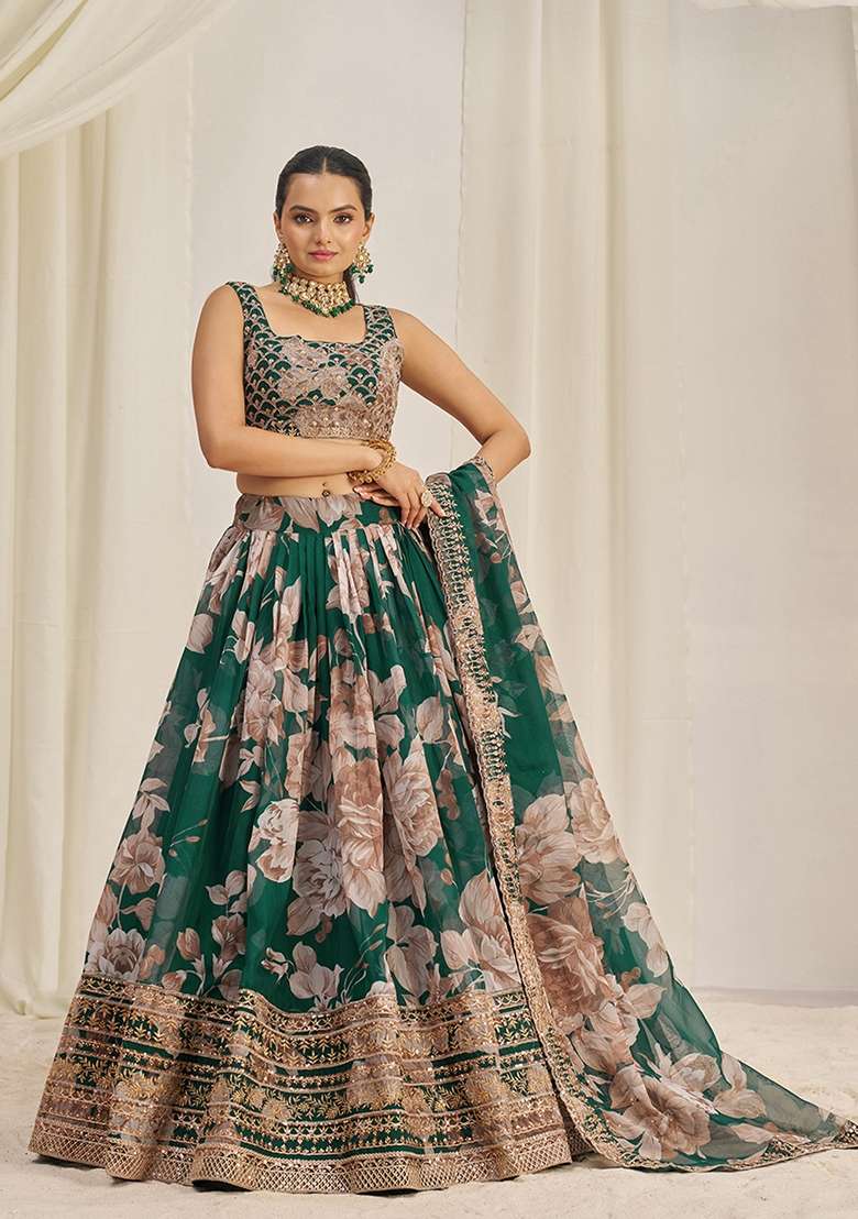 Dark Green Zari Sequin Embroidered Organza Lehenga Set for Diwali and Festive Wear - Indya