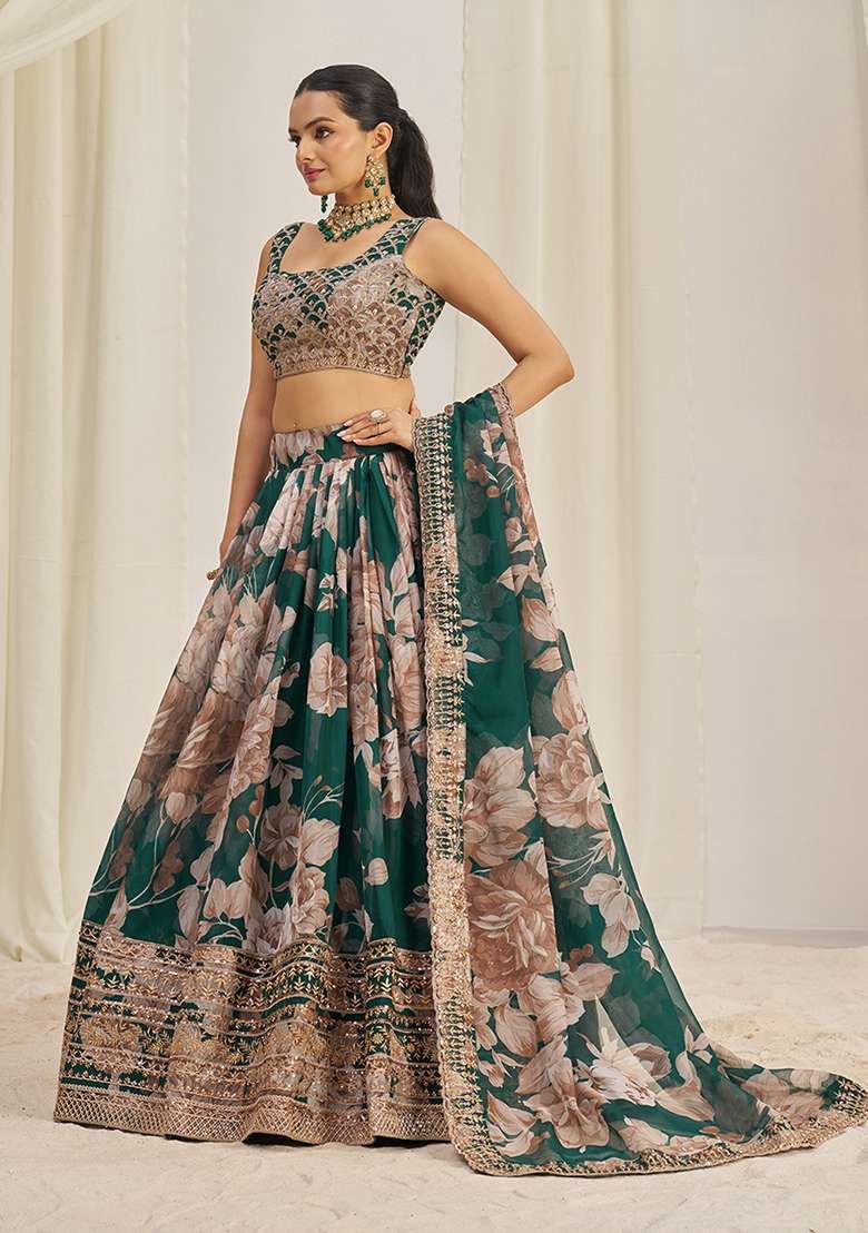 Dark Green Zari Sequin Embroidered Organza Lehenga Set for Diwali and Festive Wear - Indya