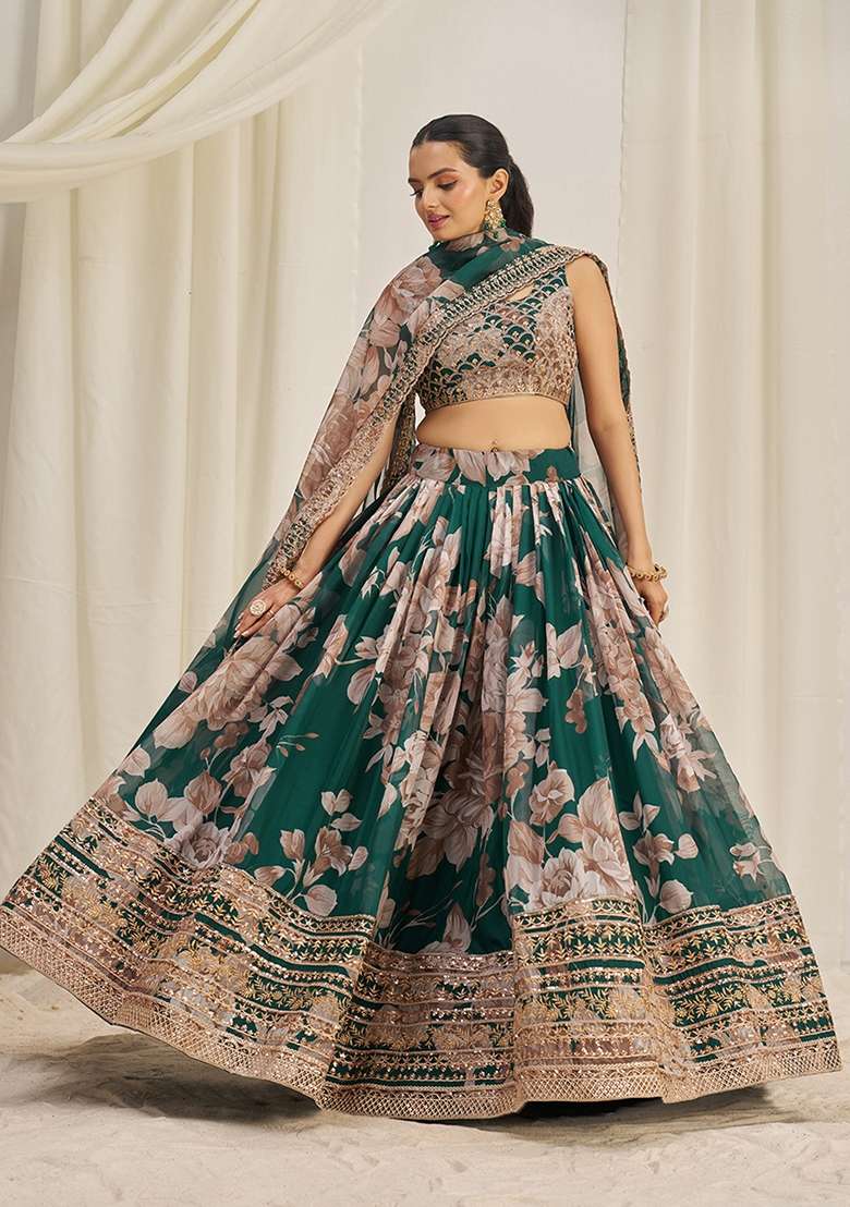 Dark Green Zari Sequin Embroidered Organza Lehenga Set for Diwali and Festive Wear - Indya