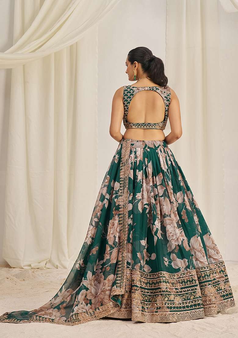Dark Green Zari Sequin Embroidered Organza Lehenga Set for Diwali and Festive Wear - Indya