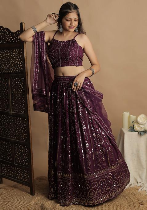 Purple Sequin Thread Embroidered Faux Georgette Lehenga Set