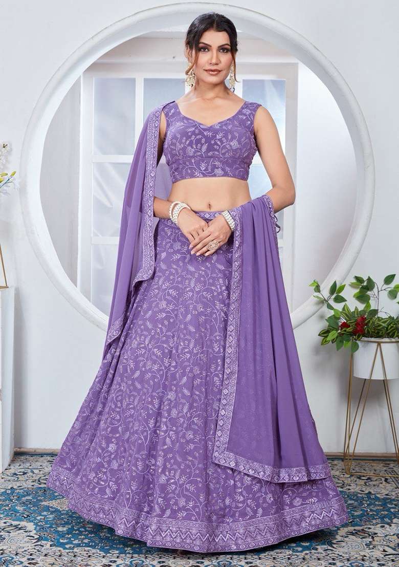 Lilac Sequin Thread Embroidered Georgette Lehenga Set - Indya