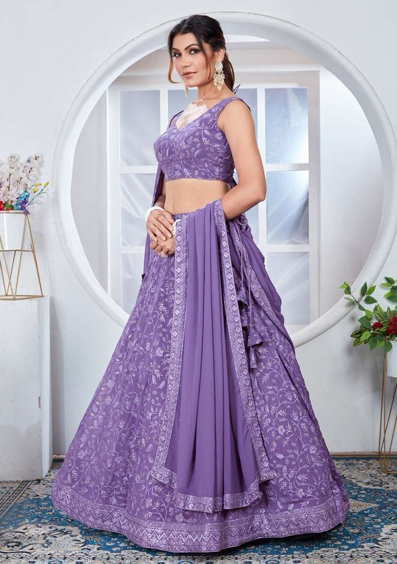 Lilac Sequin Thread Embroidered Georgette Lehenga Set - Indya
