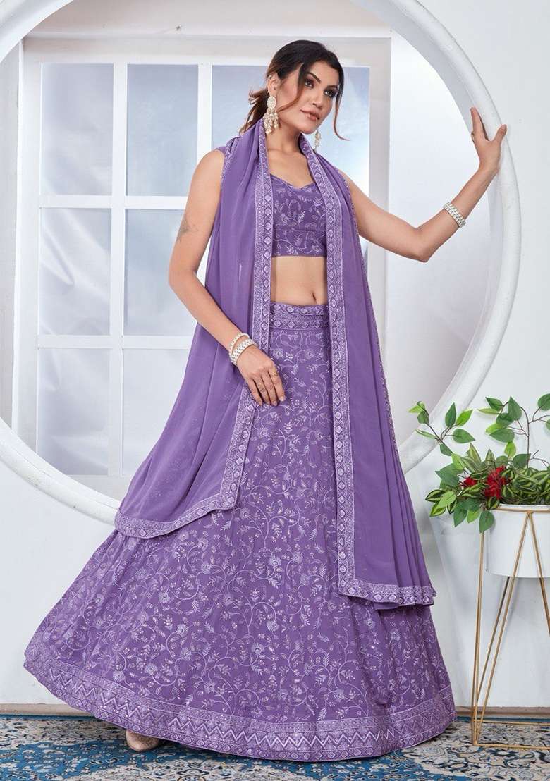 Lilac Sequin Thread Embroidered Georgette Lehenga Set - Indya