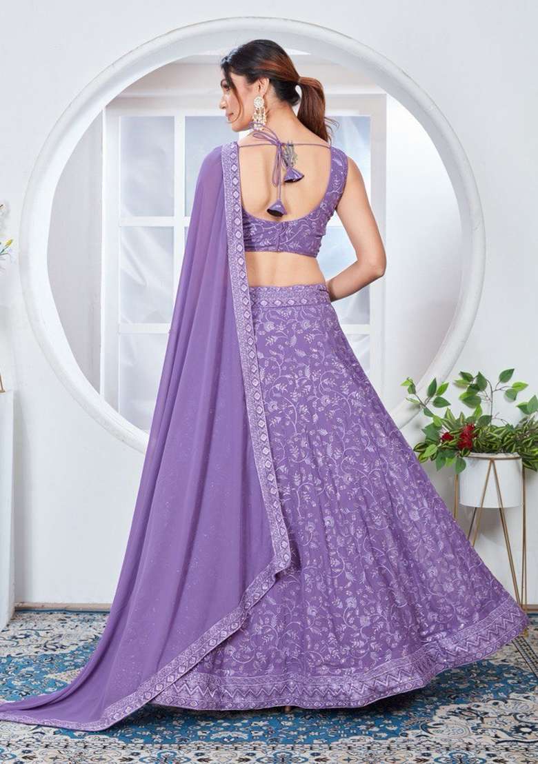 Lilac Sequin Thread Embroidered Georgette Lehenga Set - Indya