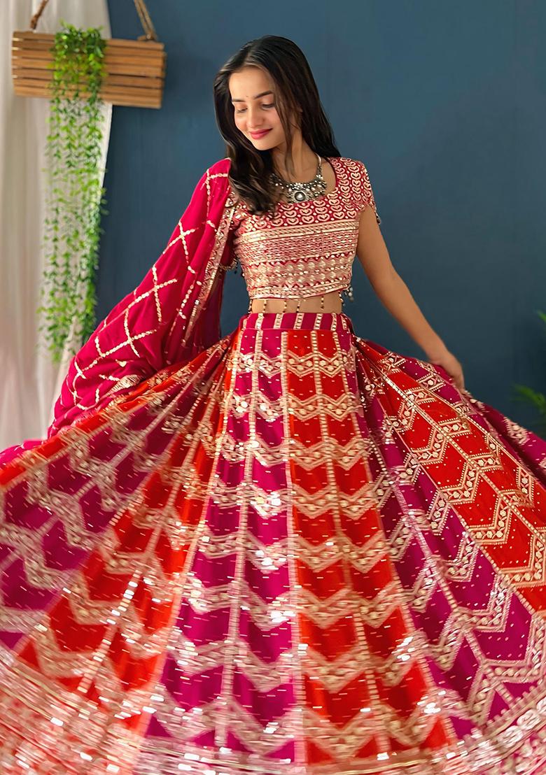 Multicolor Sequin Thread Embroidered Georgette Lehenga Set