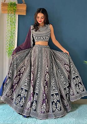 Purple Sequin Thread Embroidered Georgette Lehenga Set