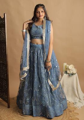 Rama Blue Sequin Thread Embroidered Net Lehenga Set