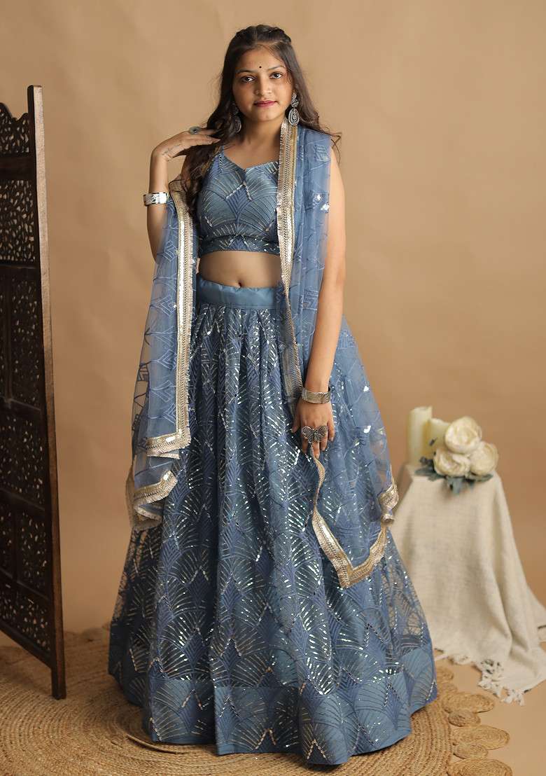 Rama Blue Sequin Thread Embroidered Net Lehenga Set - Indya